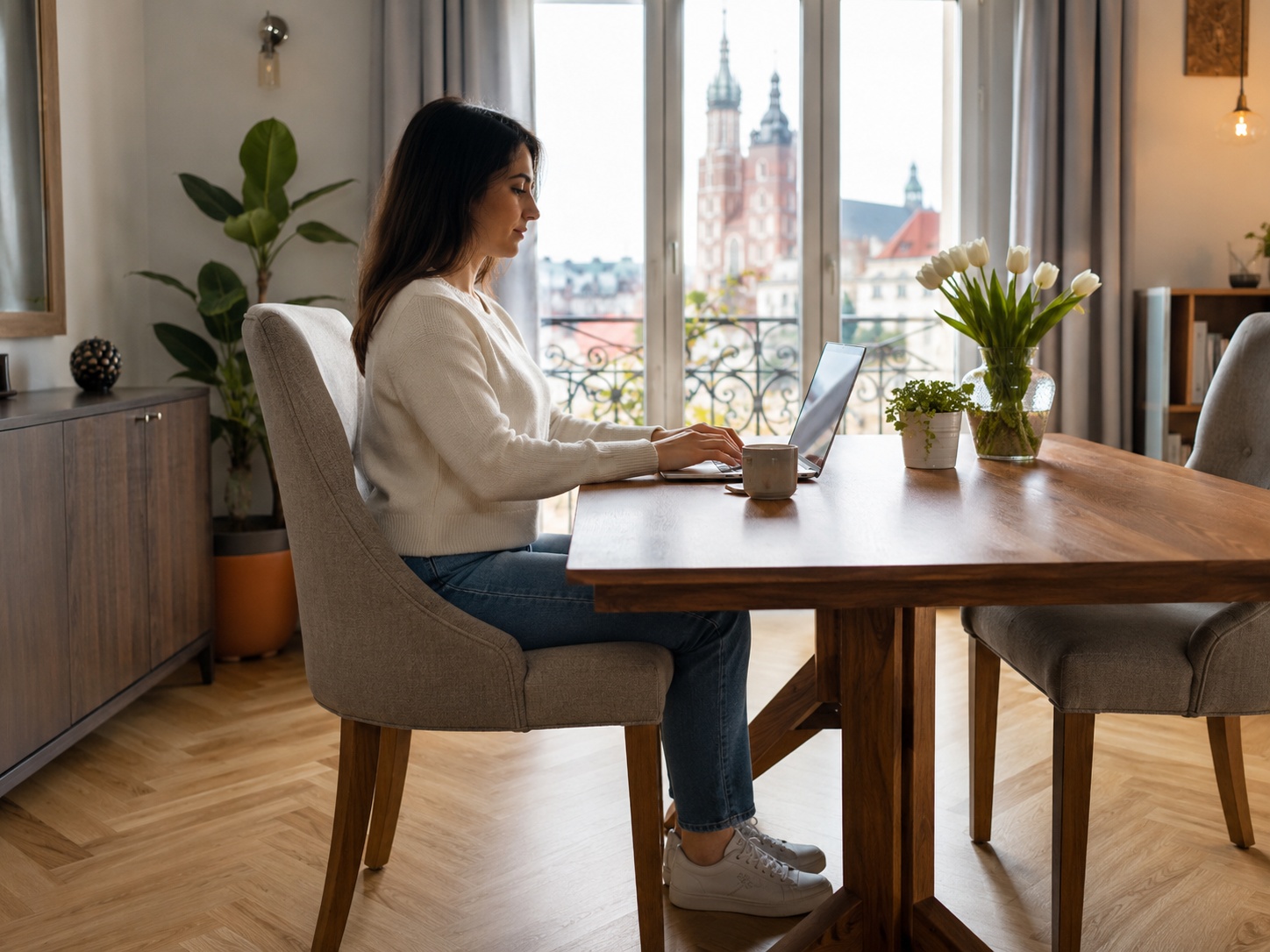 Ergonomiczne krzesło tapicerowane przy stole w Krakowie, wygodna postawa przy pracy