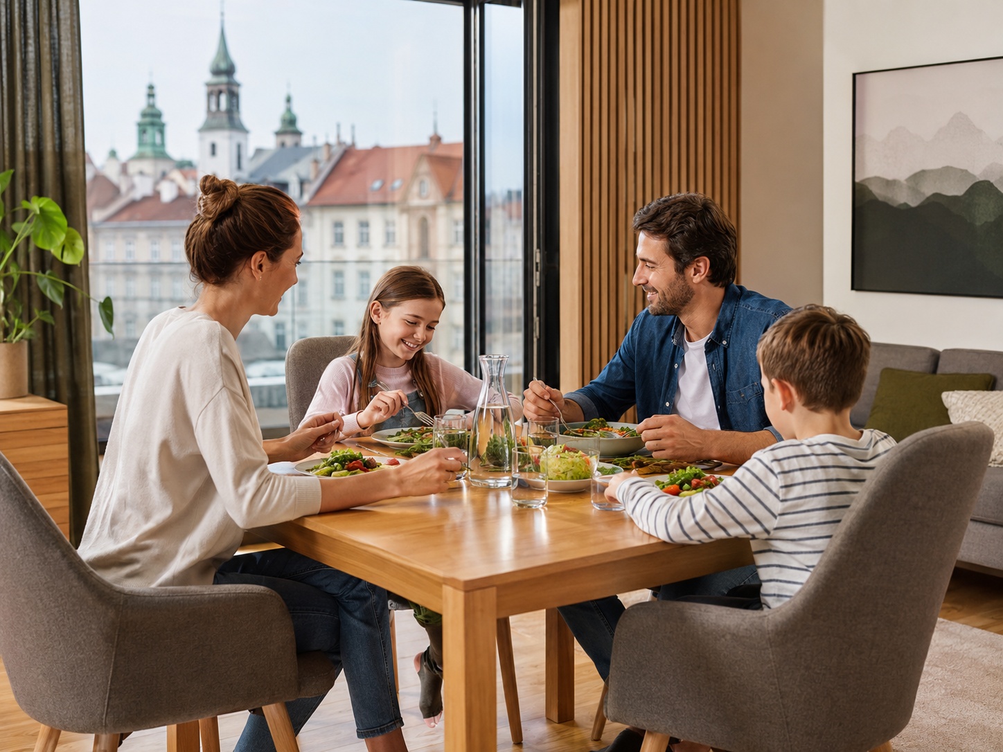 Rodzina przy wspólnym posiłku przy stole i krzesłach w Krakowie