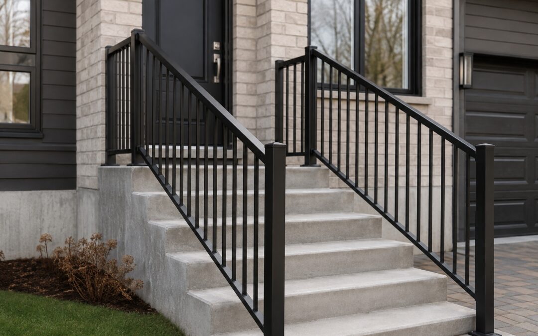 Balustrady aluminiowe przy schodach zewnętrznych domu jednorodzinnego