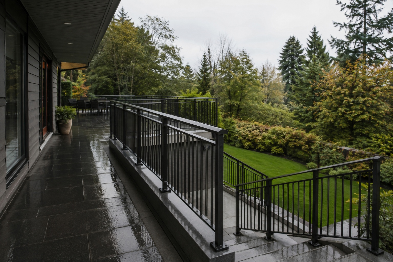 Balustrada aluminiowa przy tarasie i schodach zewnętrznych domu